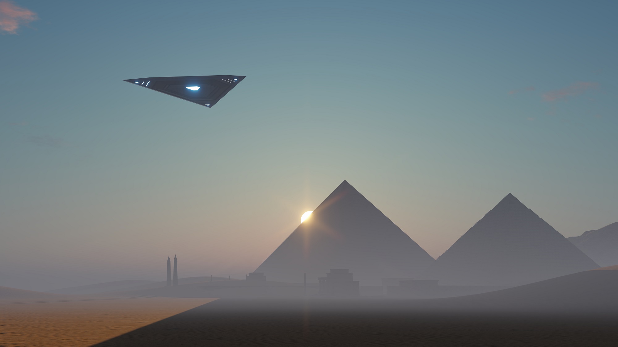 An artists rendering of a UFO above the pyramids. Shutterstock.