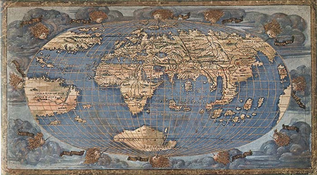 World Map oval by Francesco Rosselli, copper plate engraving on vellum, National Maritime Museum, 1508.