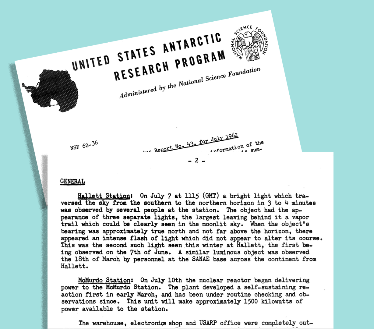 Image of the documents that mention the UFO sighting over Antarctica