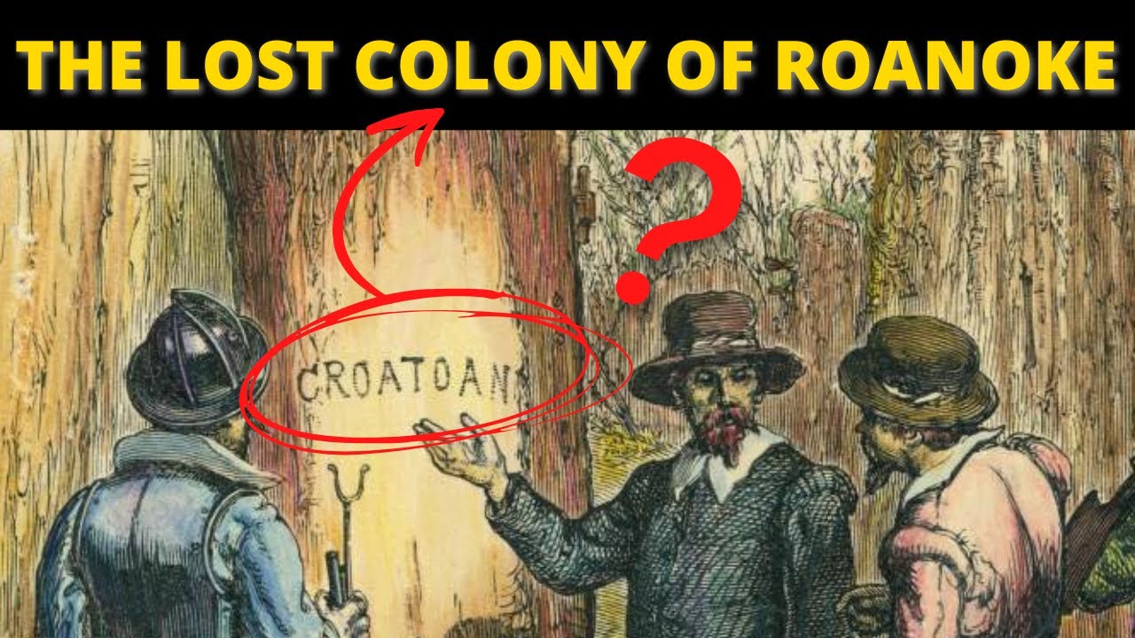 An illustration showing people looking at the word Croatoan.
