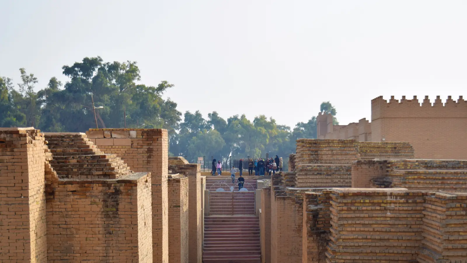 Restored brick walls and passages at the archaeological site of Babylon in Iraq.