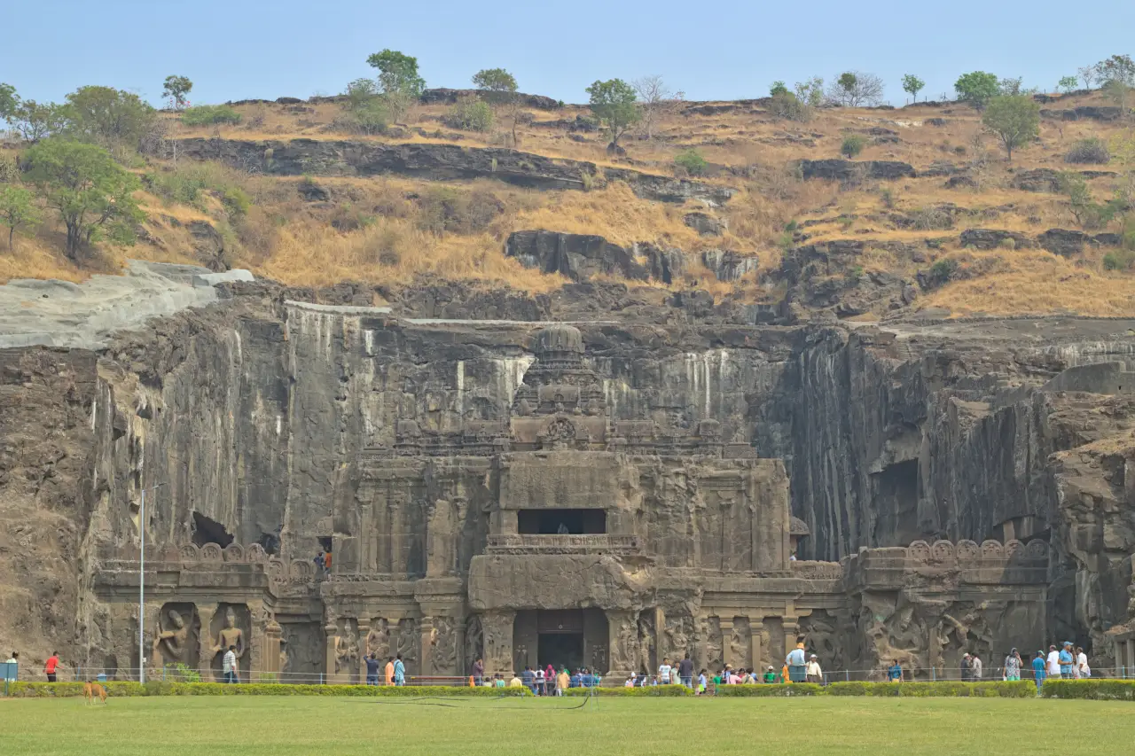 Kailasa Temple at Ellora seen within the rock-cut courtyard of Cave 16.