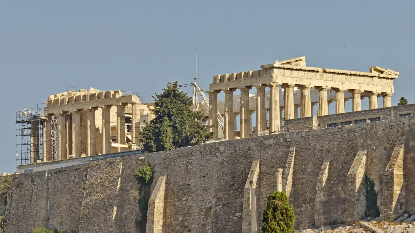 Parthenon viewed above the fortification wall of the Acropolis in Athens.