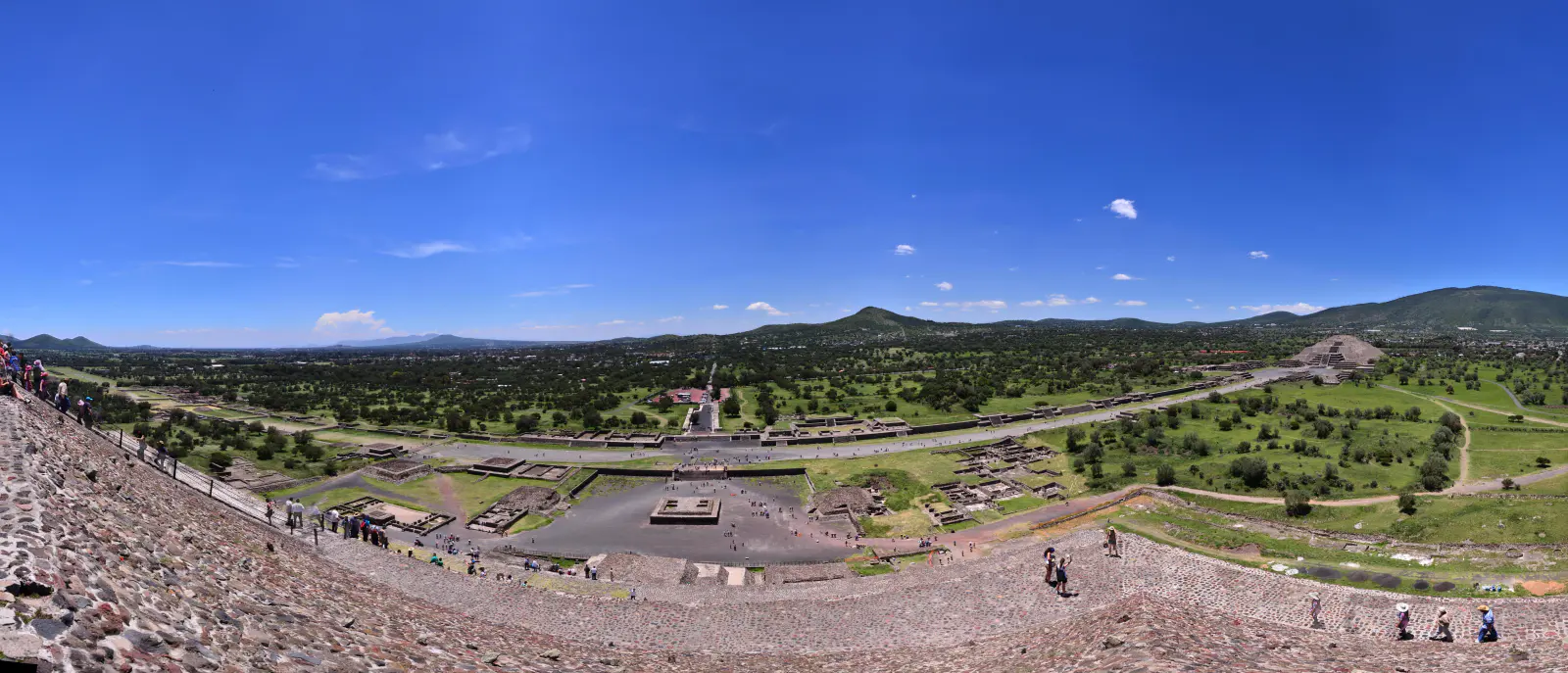 Panoramic view across the Avenue of the Dead and Teotihuacan's monumental core from the Pyramid of the Sun.