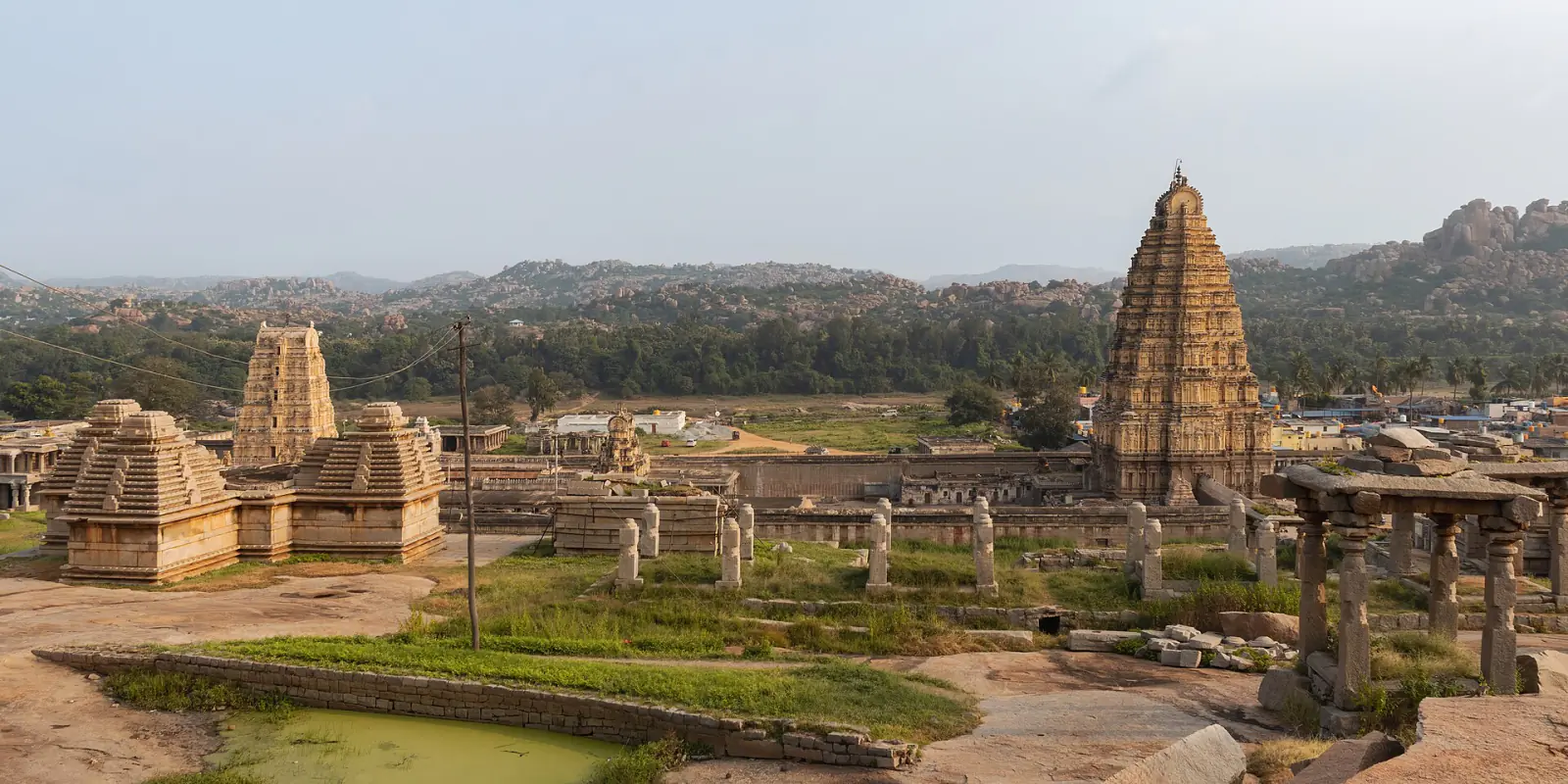 Virupaksha Temple and the boulder-strewn landscape of Hampi, India